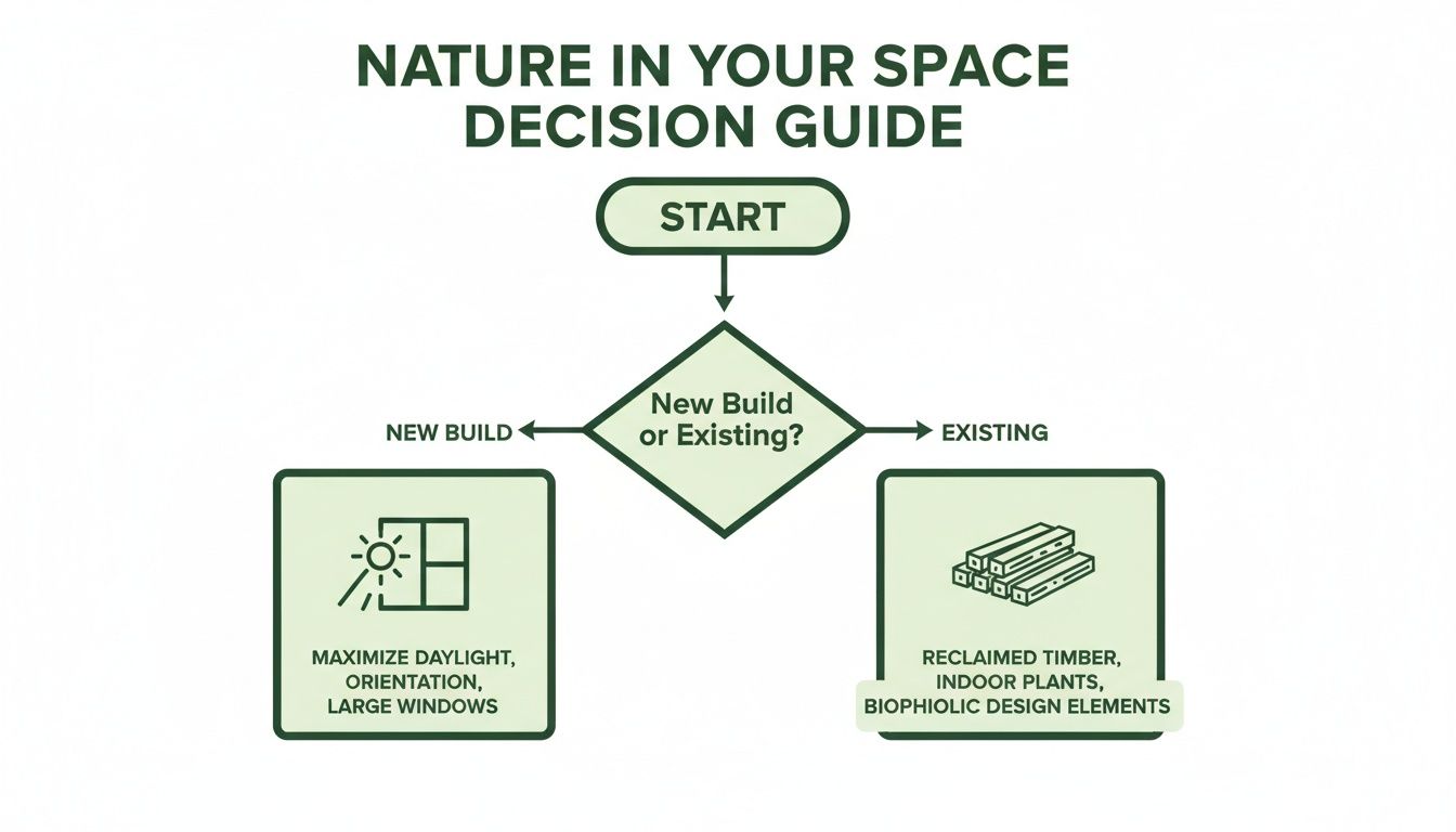 Flowchart guiding how to incorporate nature into new or existing building designs and spaces.