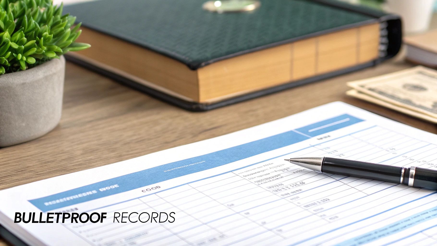 A desk with a plant, a green book, money, a document, and a pen for business records.