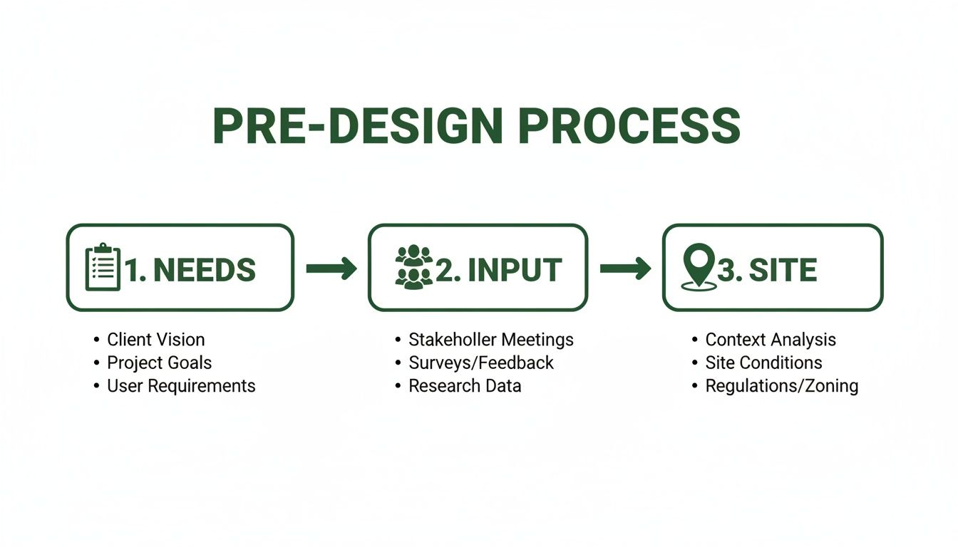 Flowchart outlining the pre-design process, detailing needs, input, and site analysis steps.