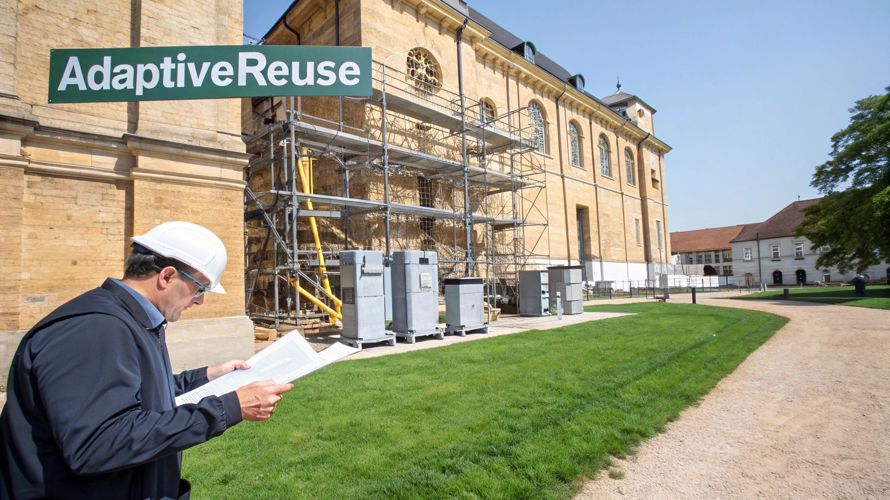 A man in a hard hat reviews construction plans in front of a historic building undergoing adaptive reuse.