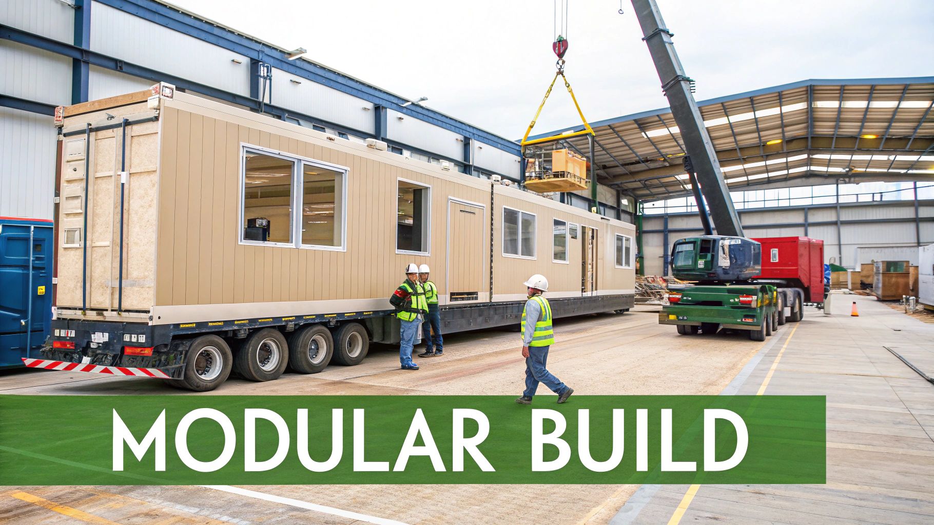 Construction workers oversee a large modular building unit on a trailer, with a crane operating nearby.