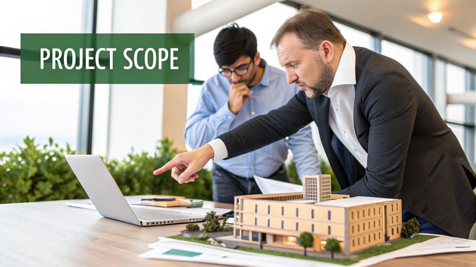 Two men discuss project scope, pointing at a building model and laptop on a table.