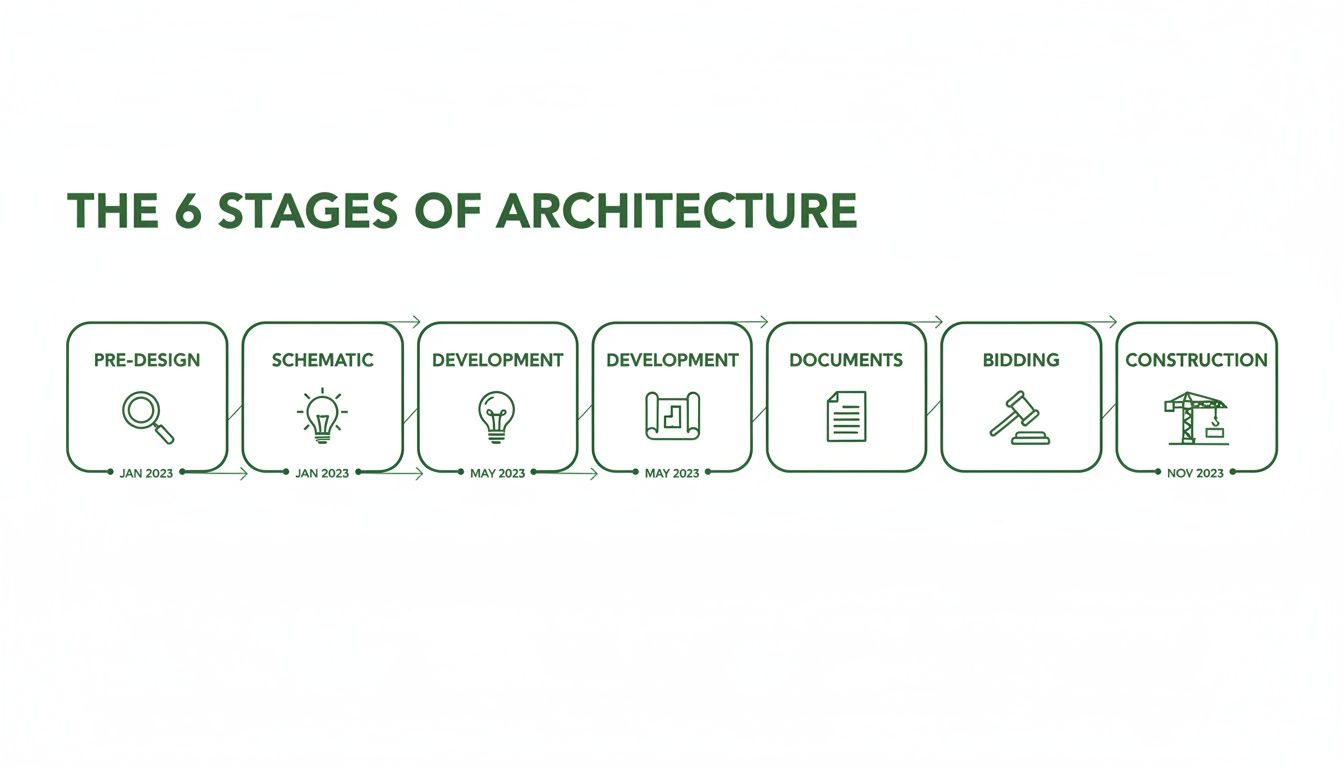 A comprehensive flowchart outlining the 6 stages of architecture, from pre-design to construction, with associated timelines.