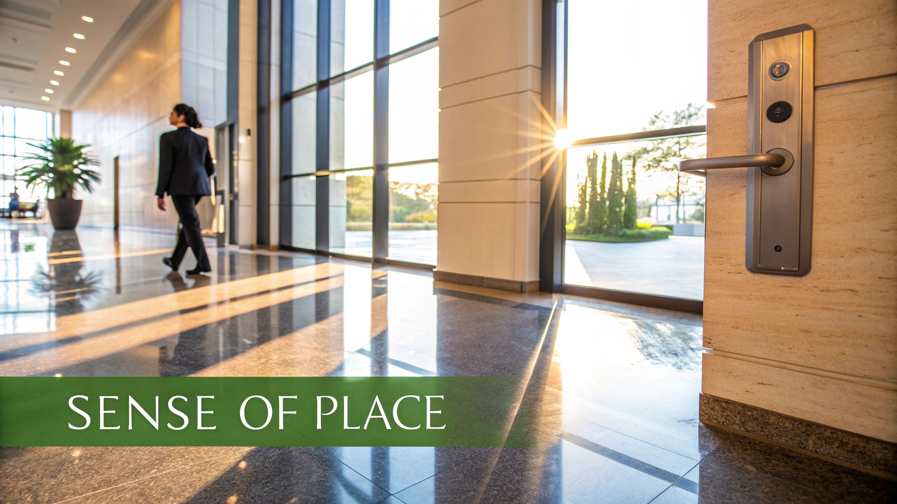 A business person walks in a sunlit modern building lobby with reflections on the floor.