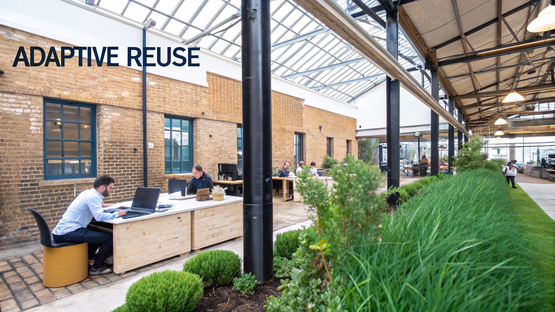 An open-plan office space with exposed brick, glass roof, greenery, and people working, highlighting adaptive reuse.