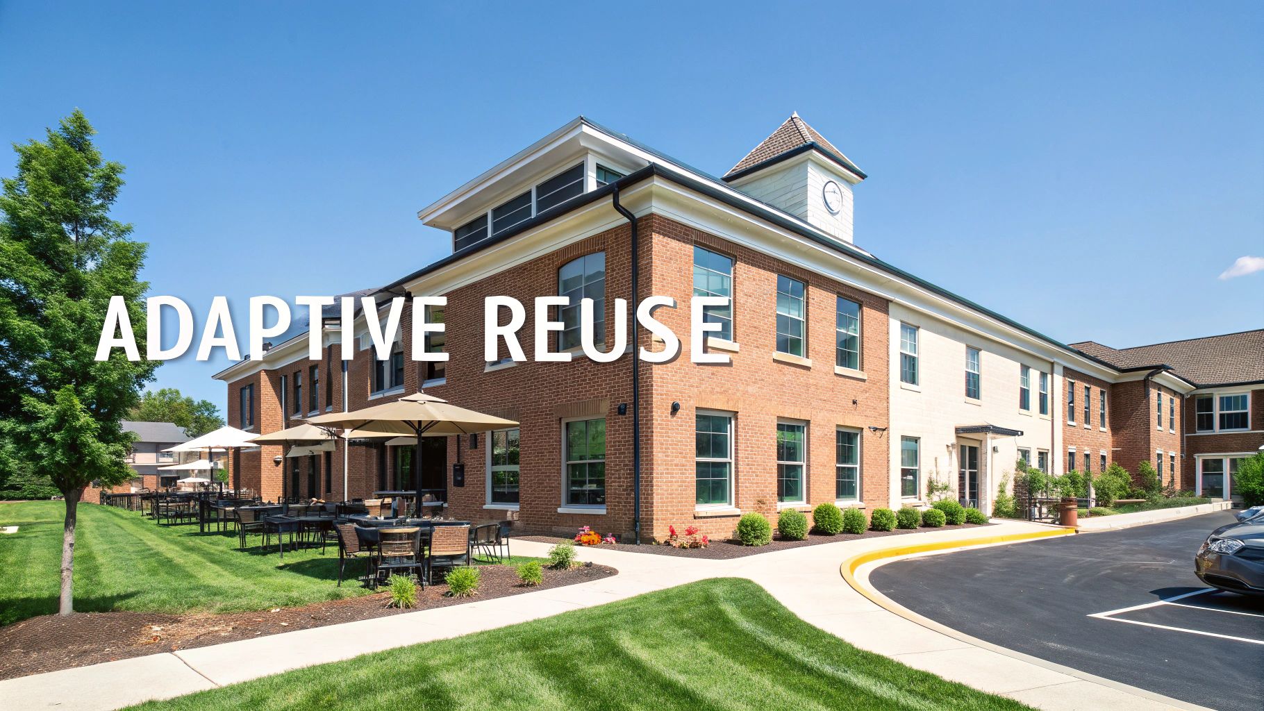 Modern building, a successful adaptive reuse project, features a clock tower and inviting outdoor patio.