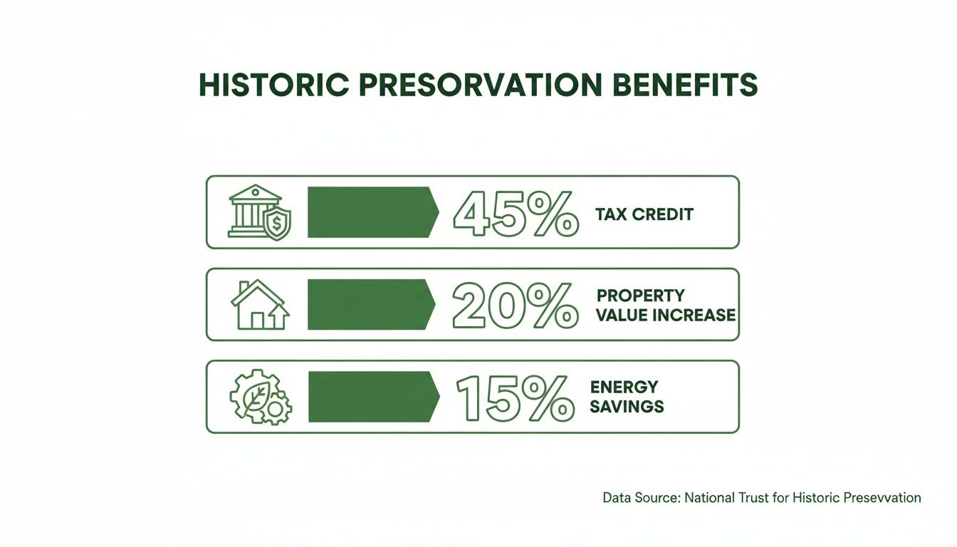 Infographic showing historic preservation benefits: 45% tax credit, 20% property value increase, and 15% energy savings.