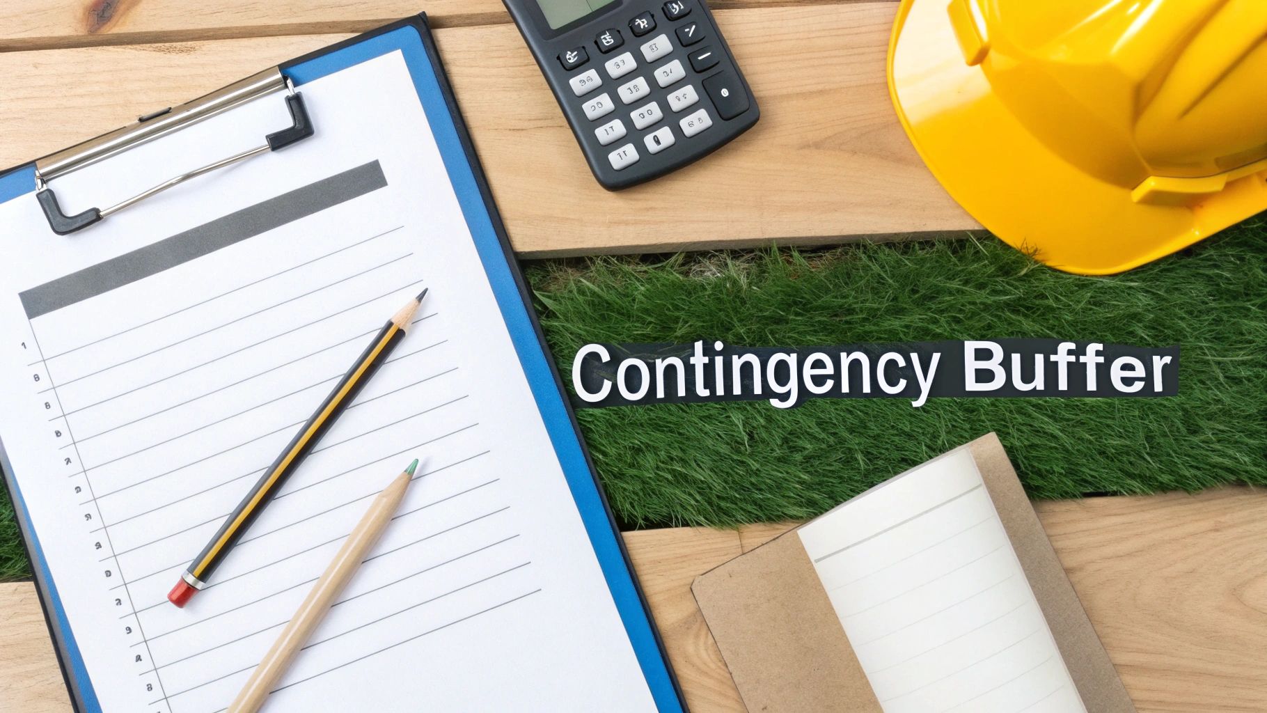Overhead view of a clipboard, calculator, hard hat, and text 'Contingency Buffer' on wood and grass.