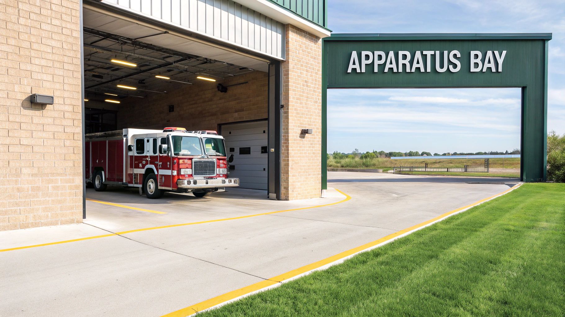 Modern fire station with a red fire truck parked inside the apparatus bay.