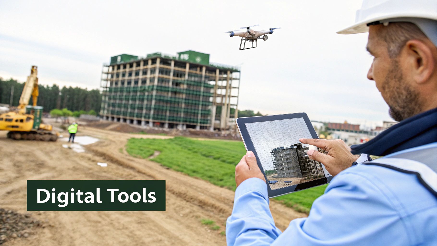 Construction worker in a hard hat uses a tablet to monitor a drone flying over a building site.