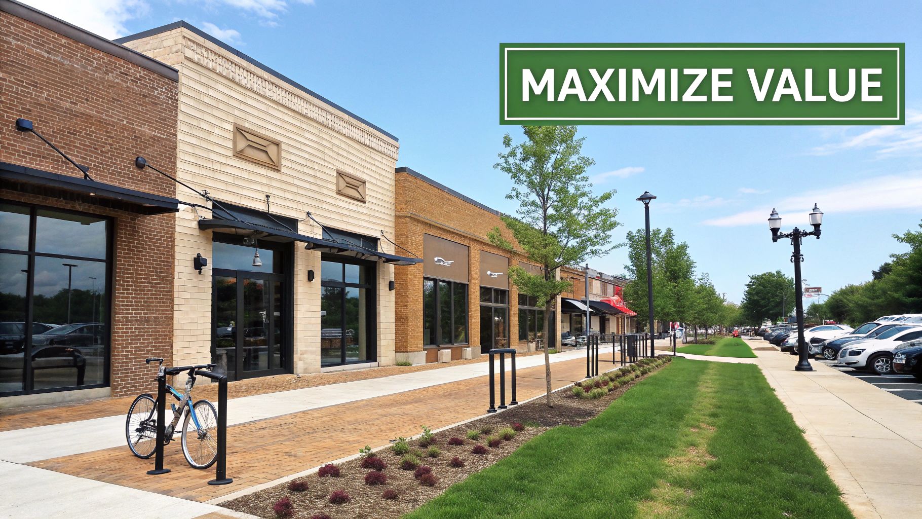 A vibrant retail street with modern commercial buildings, a bicycle, green space, and a busy parking lot.