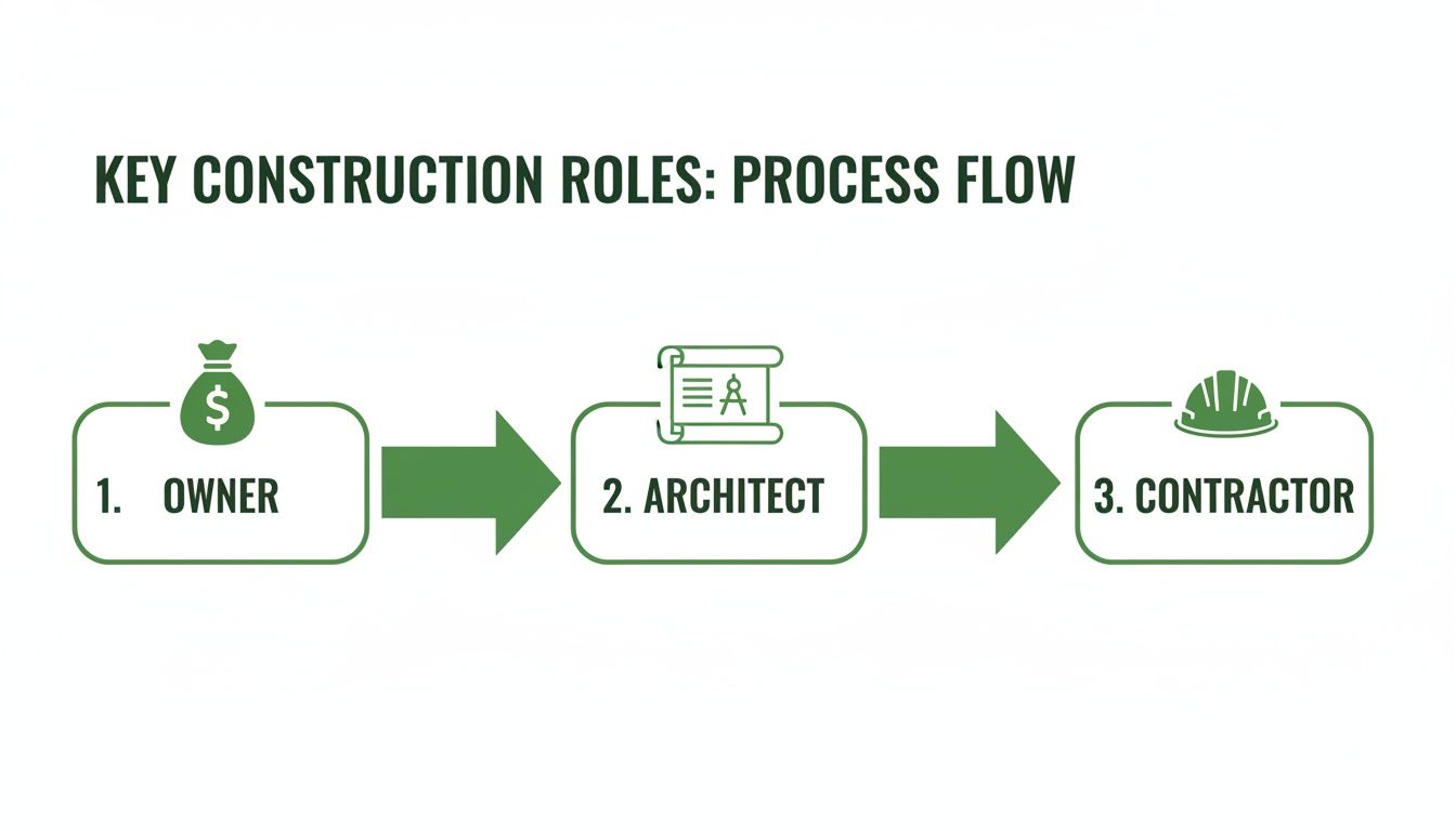 A flowchart illustrates the key construction roles process: Owner, Architect, and Contractor, linked by arrows.