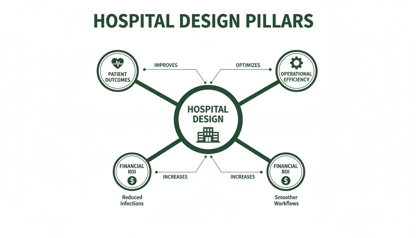 Diagram illustrating hospital design pillars improving patient outcomes, optimizing efficiency, and increasing financial ROI.