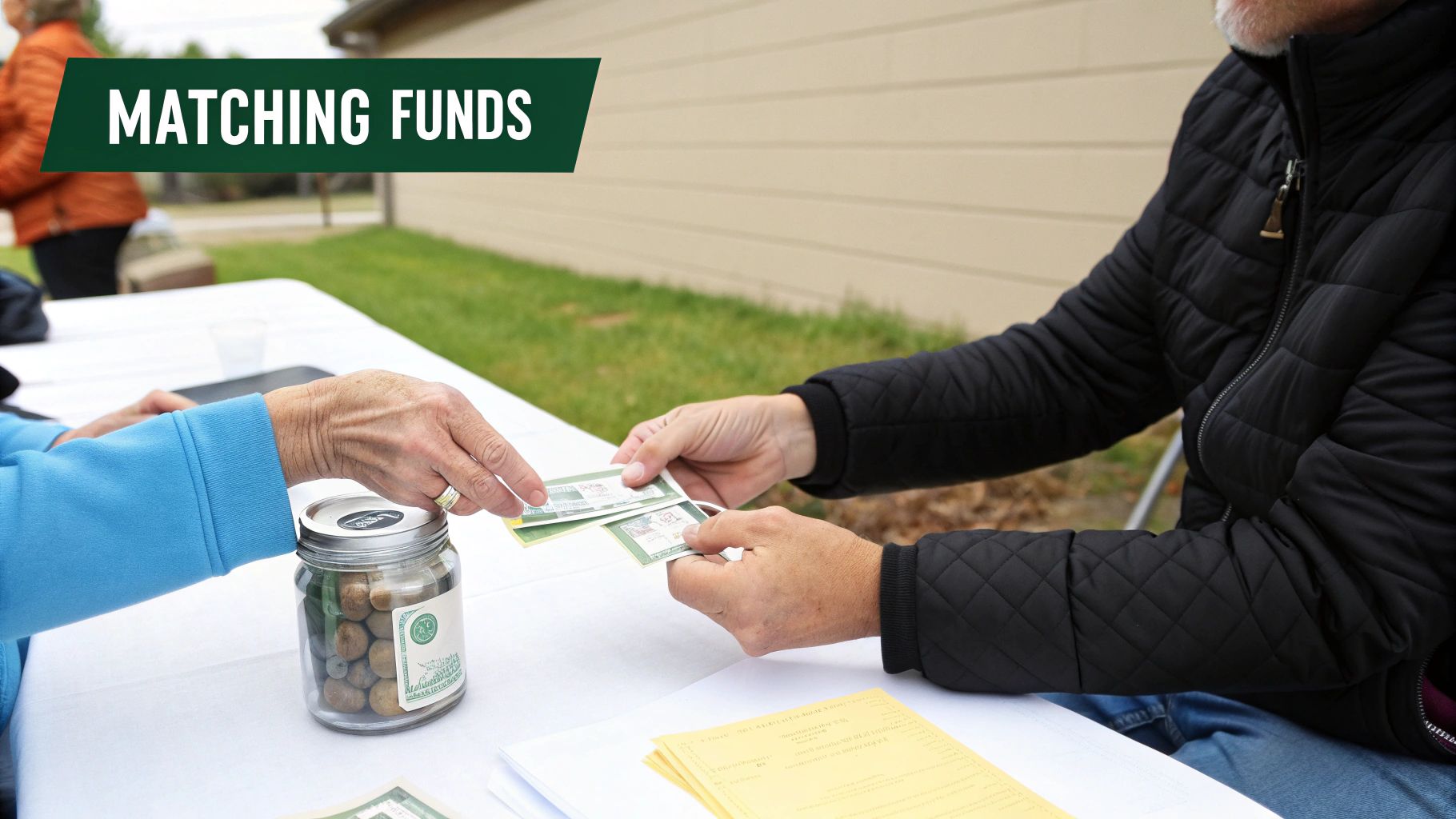 Two people exchanging cash at outdoor table with donation jar for matching funds program