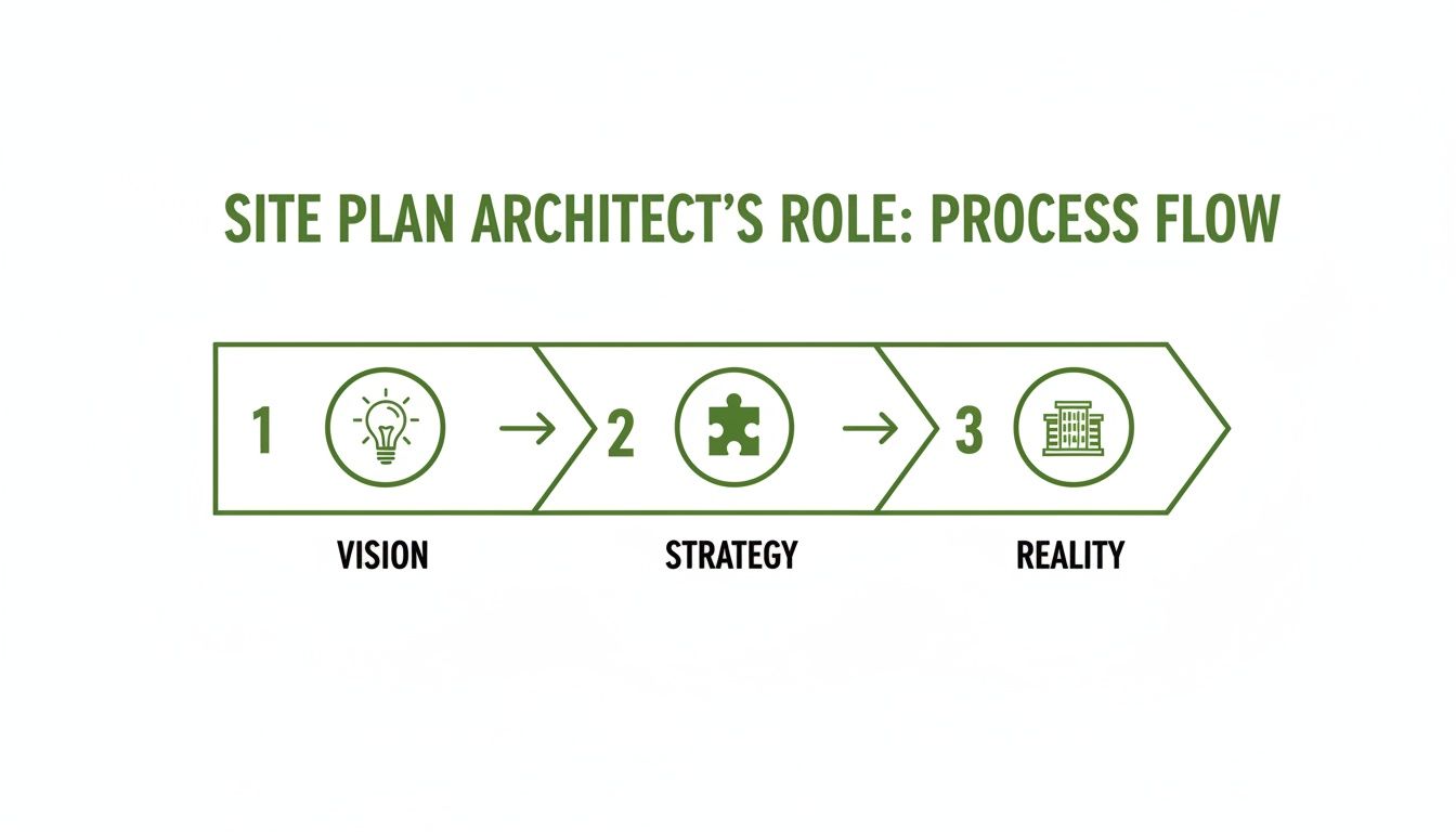 A green infographic illustrates a site plan architect's 3-step role: Vision, Strategy, Reality.