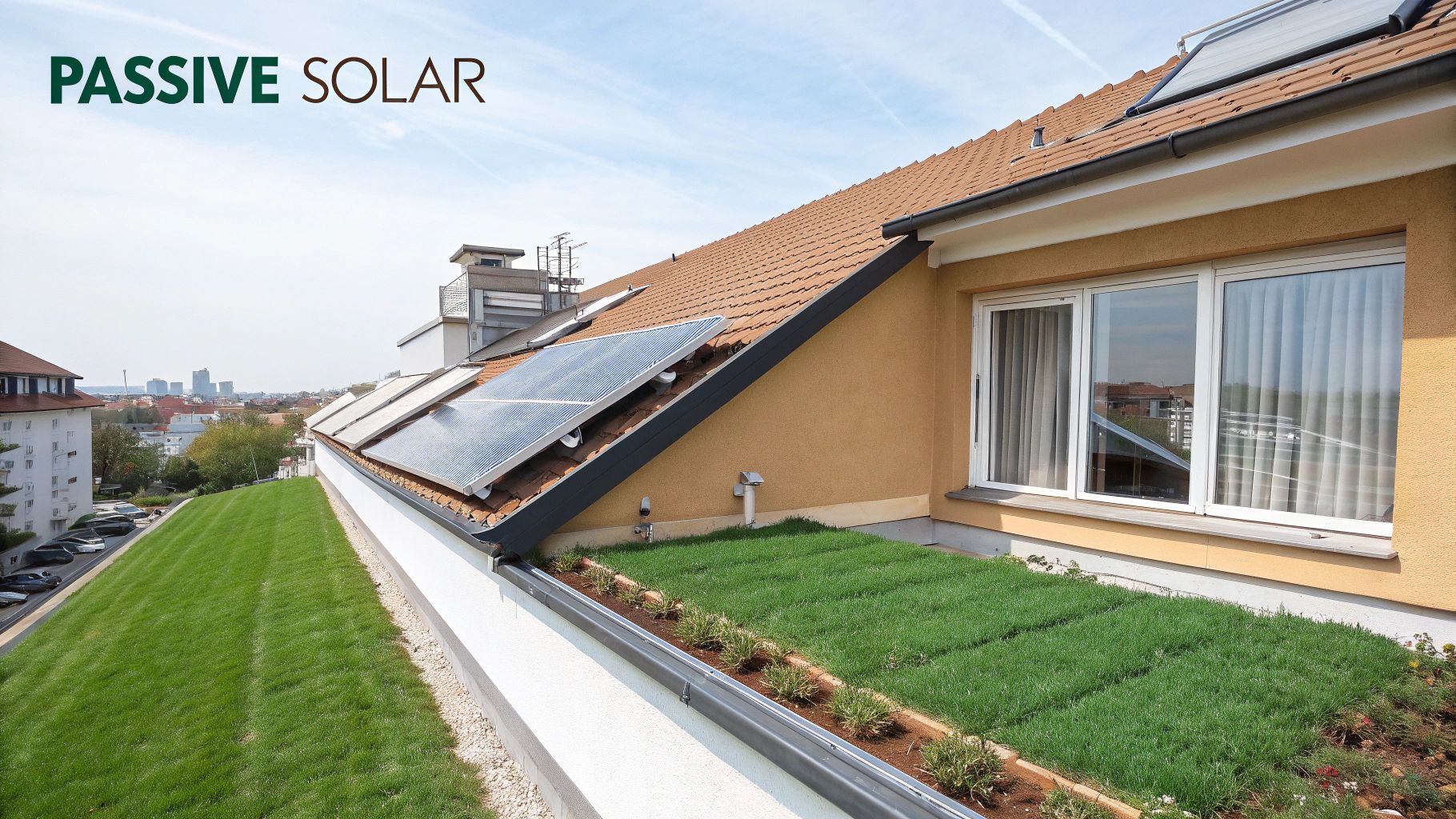 Modern sustainable building with large windows and wooden accents