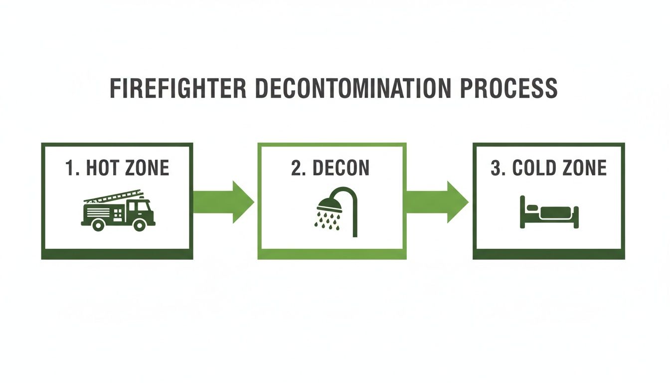 Diagram showing the firefighter decontamination process flow from a hot zone to a cold zone.