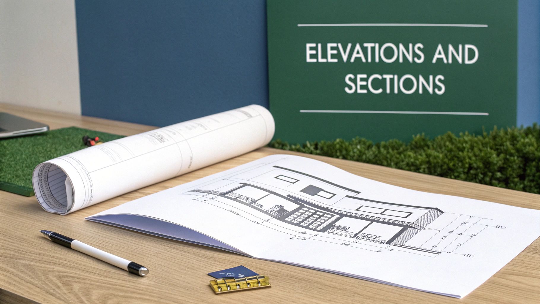 Architectural drawings and rolled blueprints on a wooden desk, with a pen and 'Elevations and Sections' sign.