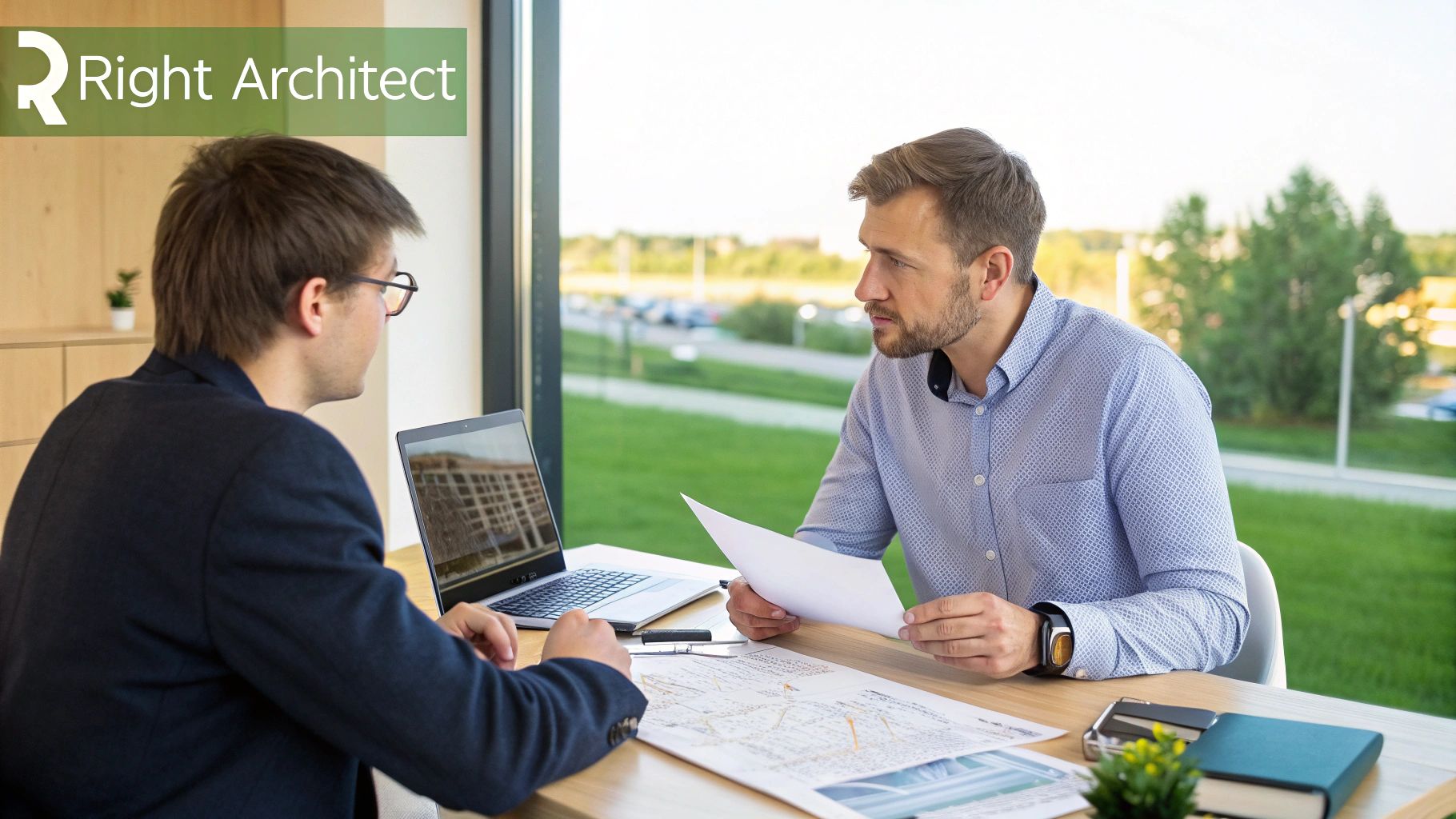 Two architects collaborate on building plans and designs, reviewing blueprints and a laptop.