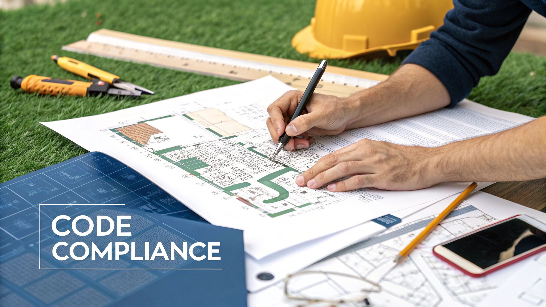 An architect pointing to specific details on a large city zoning map spread across a table.