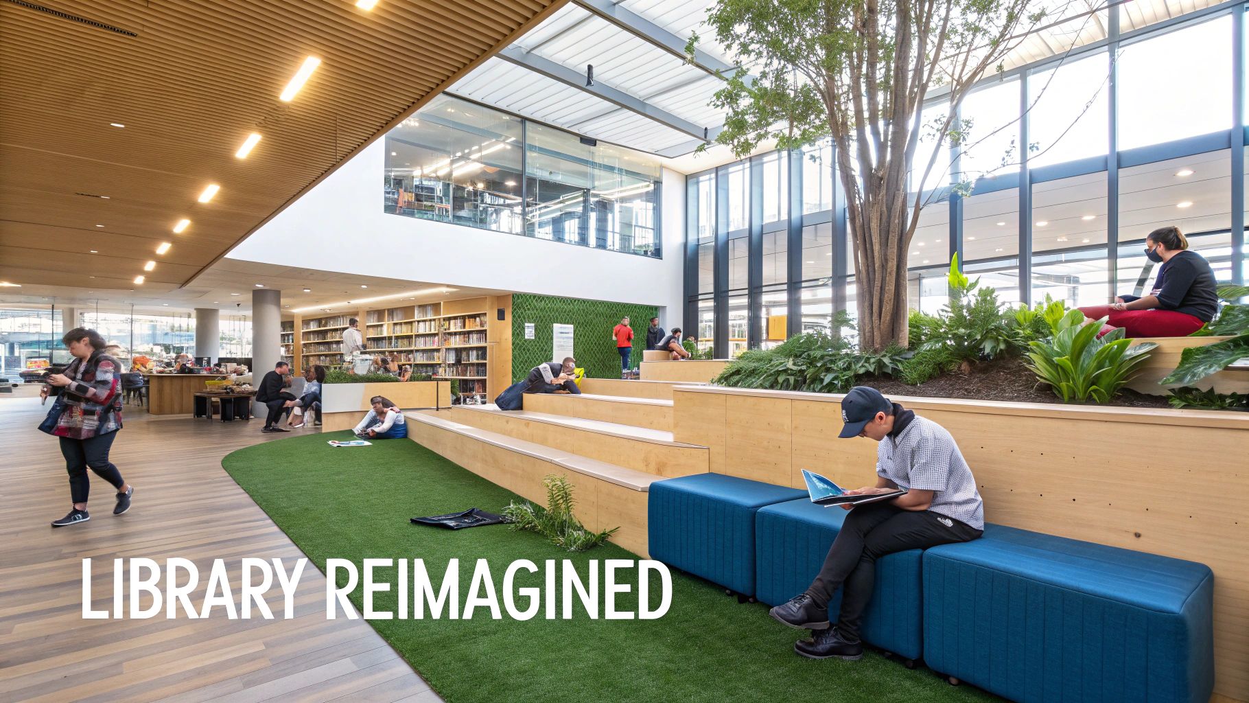 Modern library interior with people studying, reading, and relaxing in a bright, spacious environment.