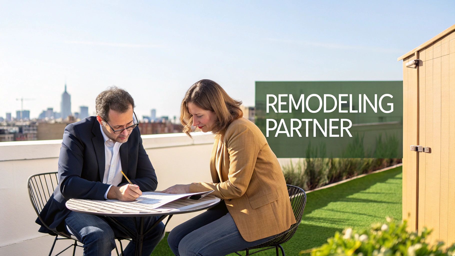 Two architects reviewing blueprints on a table in a modern office setting.