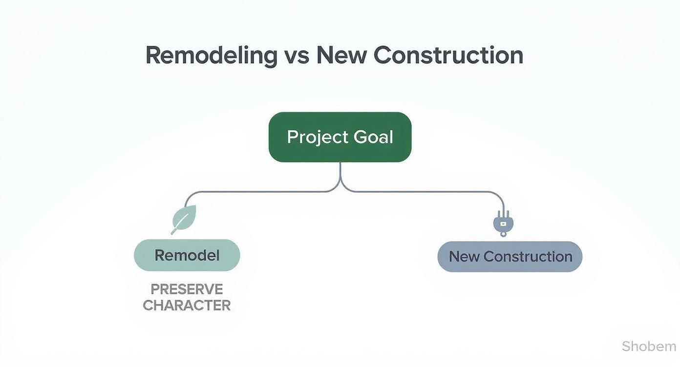 Infographic decision tree for choosing between a remodel vs new construction project
