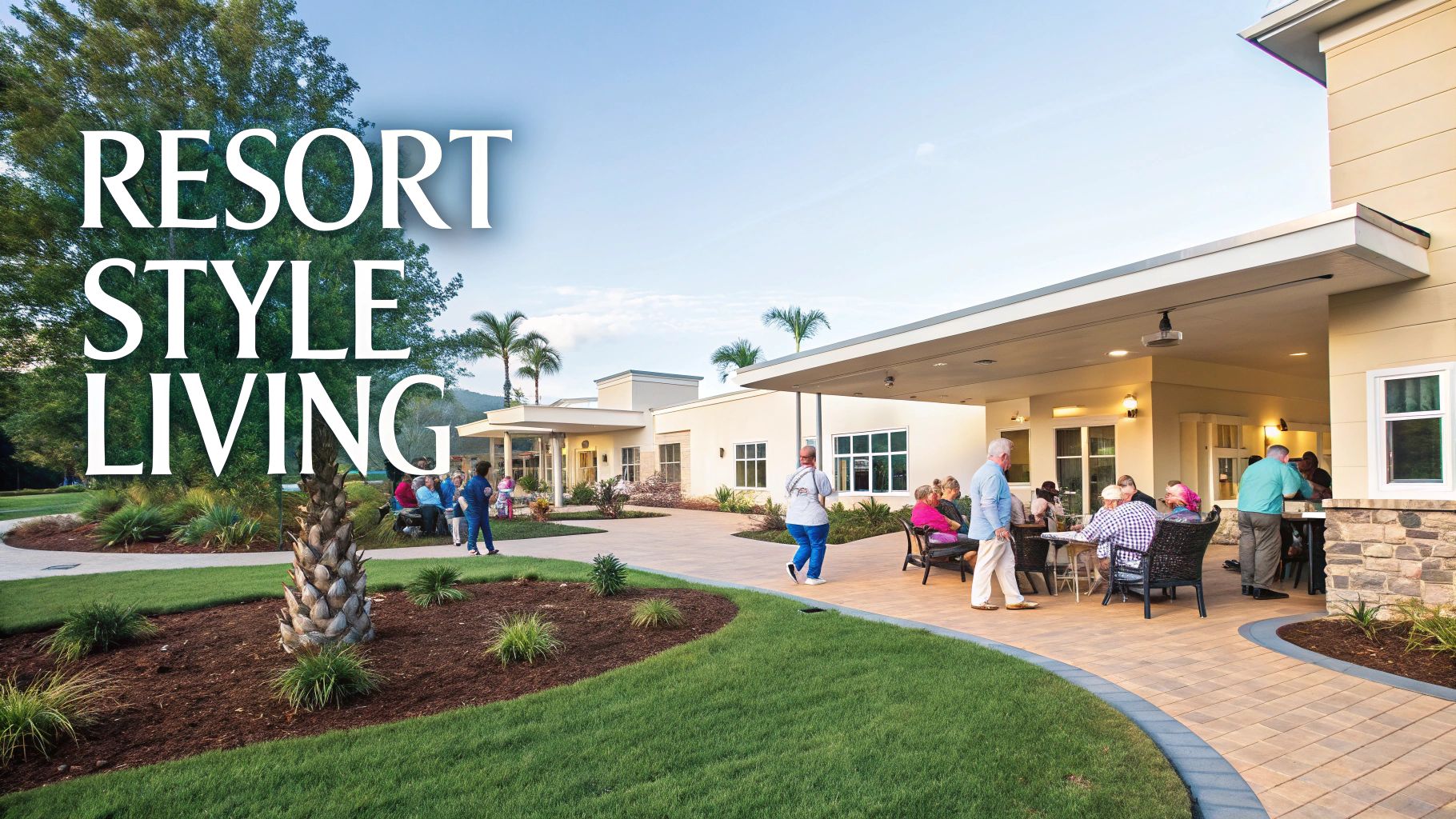 Seniors socialize on a sunny resort-style patio with modern buildings and lush landscaping.