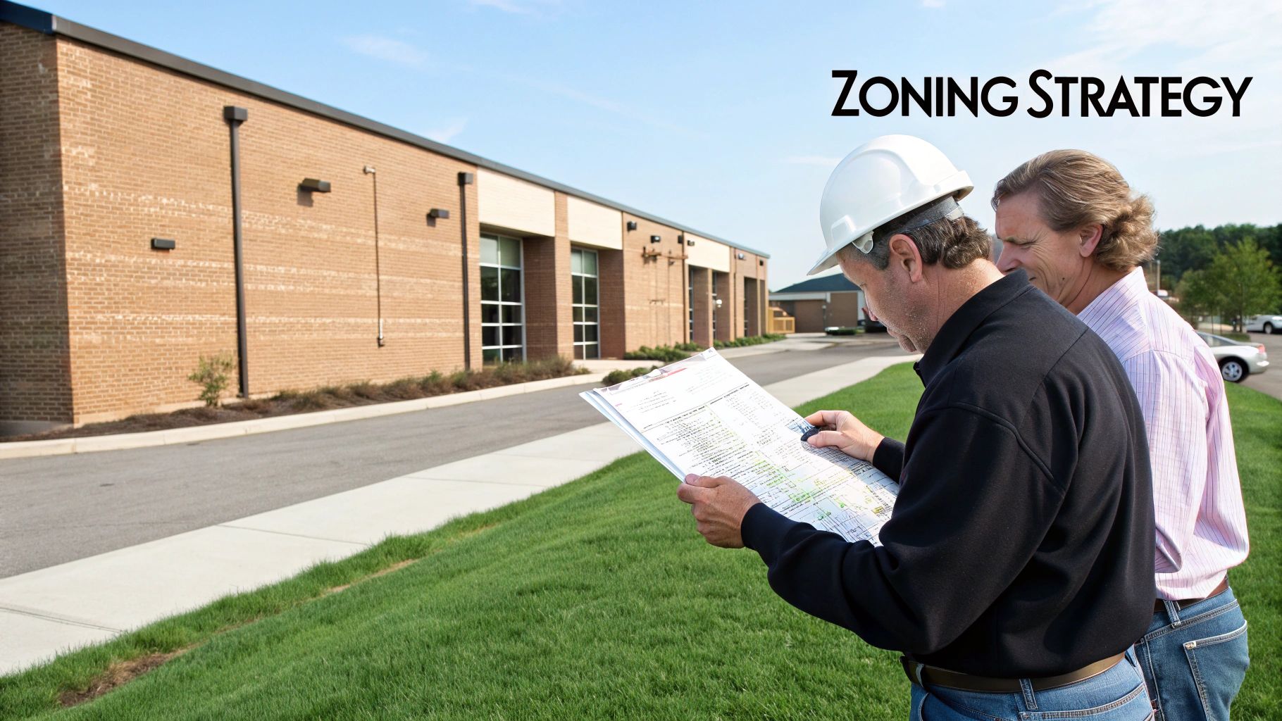Two men, one in a hard hat, review zoning plans and blueprints for a commercial building project.