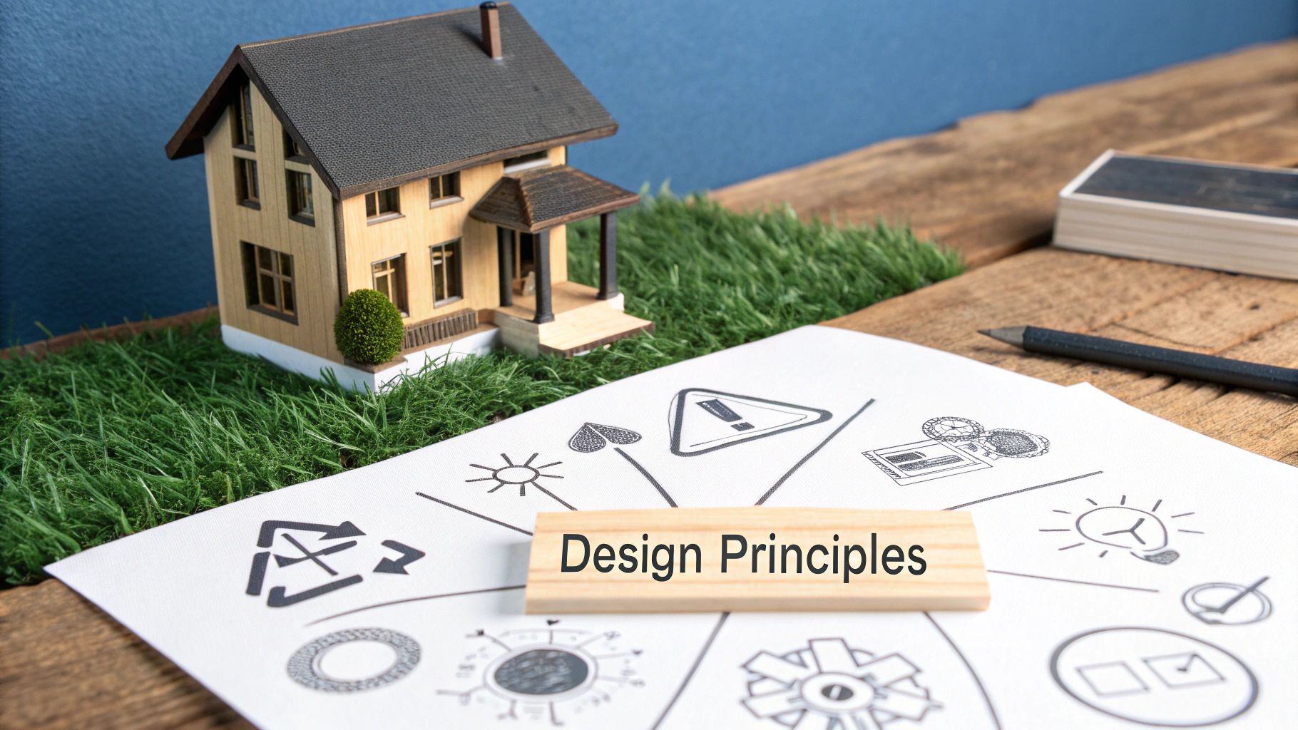 A blueprint for a sustainable building, with notes on energy efficiency and eco-friendly materials.