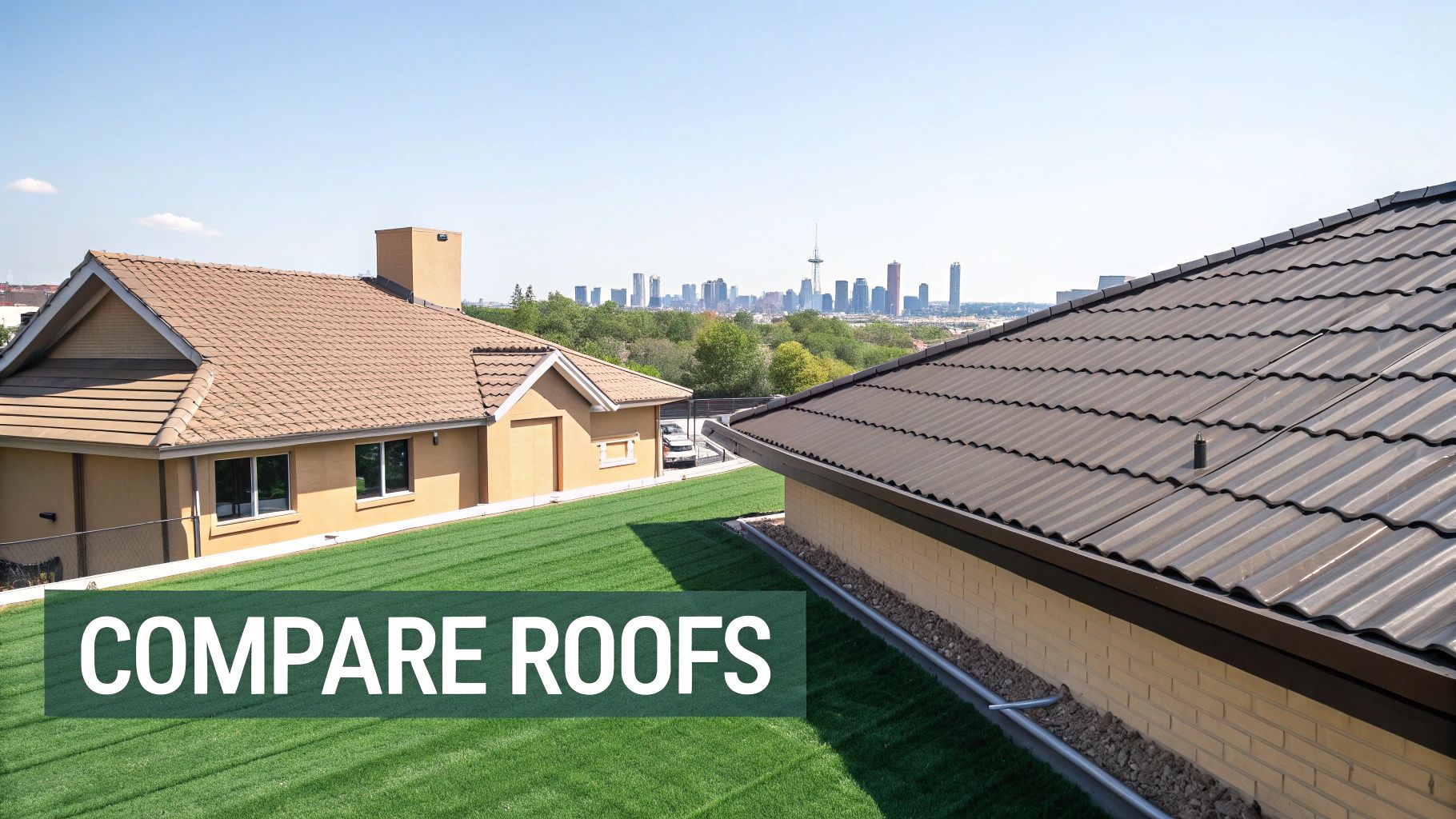 Two houses with different roofs and green grass, overlooking a city skyline.