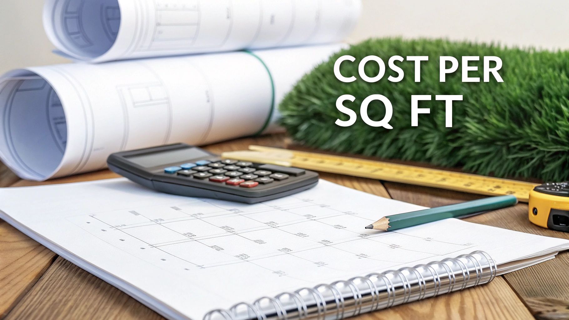 Architectural blueprints, calculator, ruler, and grass with 'COST PER SQ FT' text for construction planning.