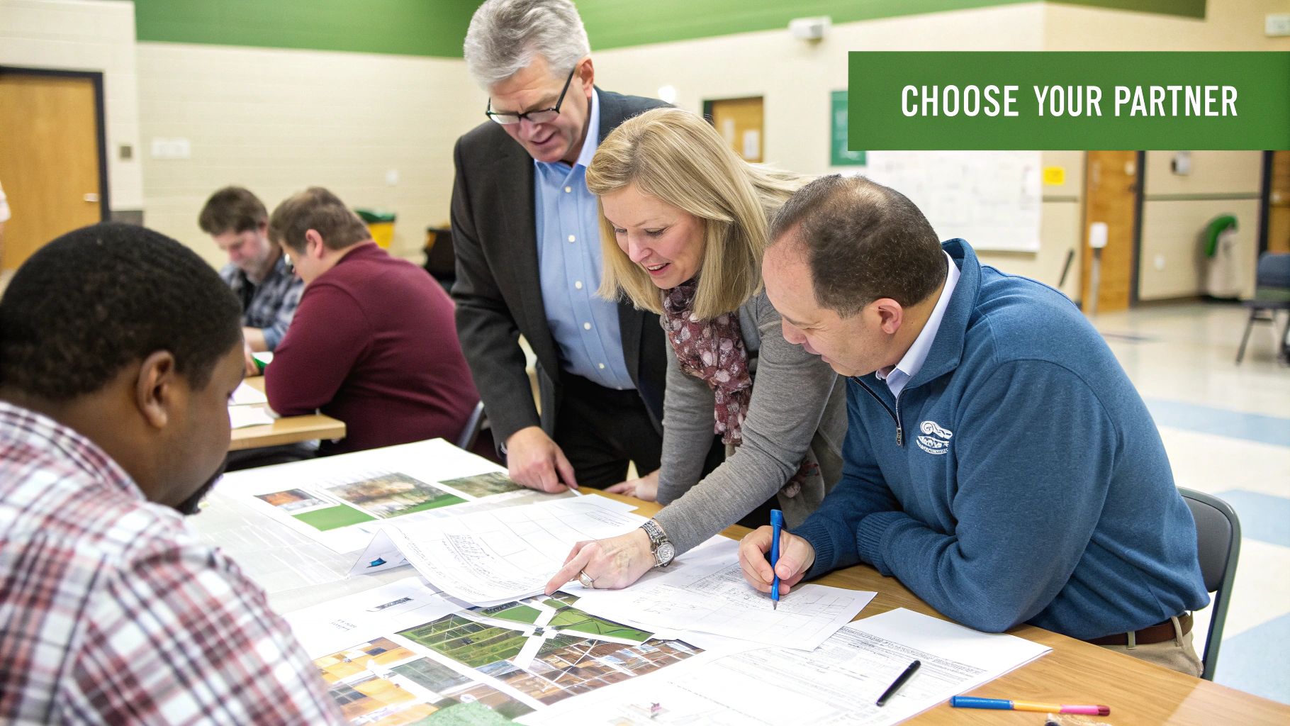 A diverse group of professionals collaborating around a table, reviewing blueprints and documents in a meeting.
