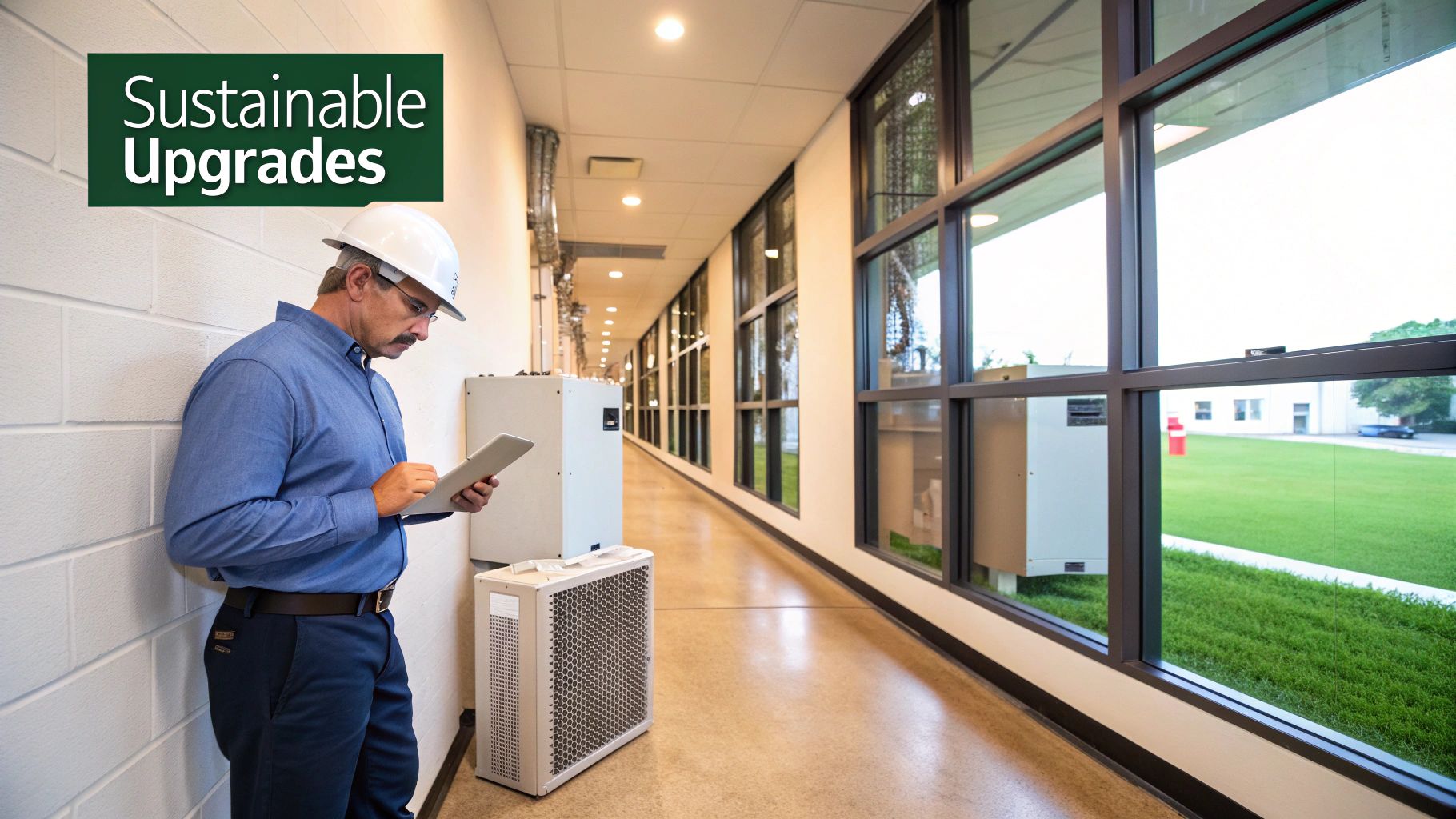 Man in hard hat inspecting sustainable air purification units in a bright, modern building hallway.