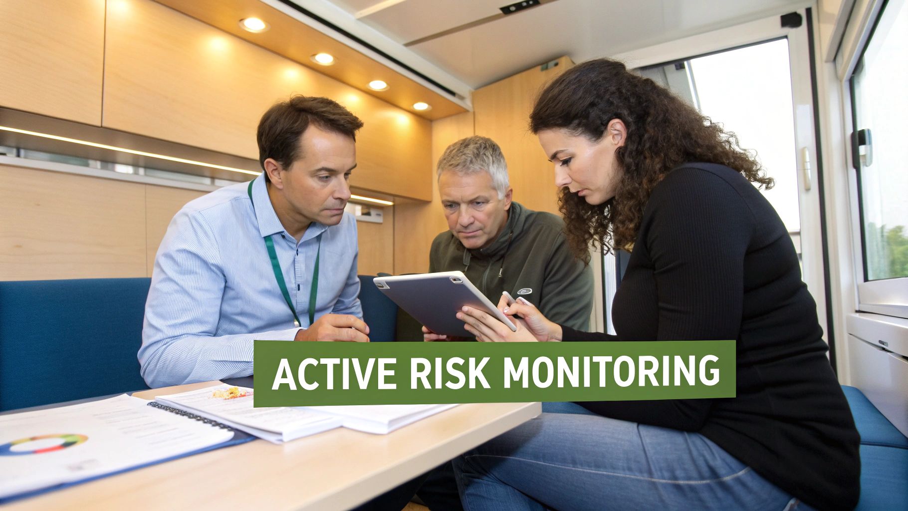 A construction manager and an engineer discussing plans on a tablet at a busy construction site, indicating ongoing monitoring.