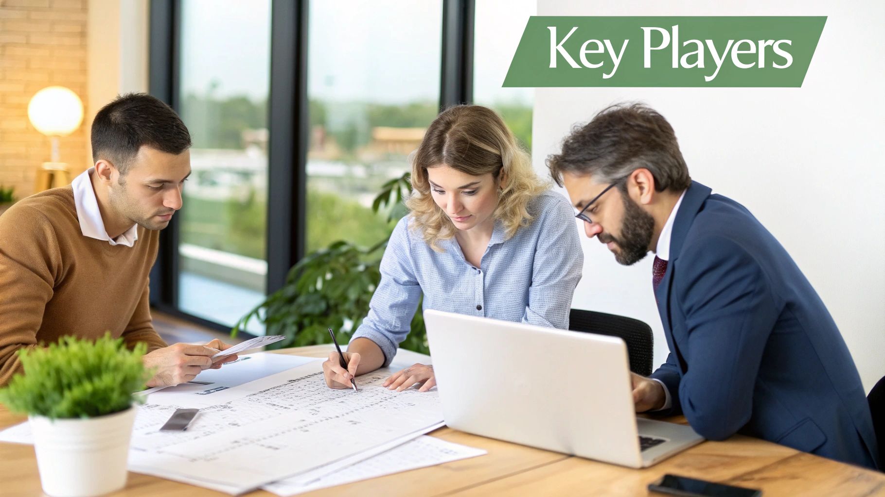 Three professionals collaborate at a desk, reviewing documents and a laptop in a modern office.