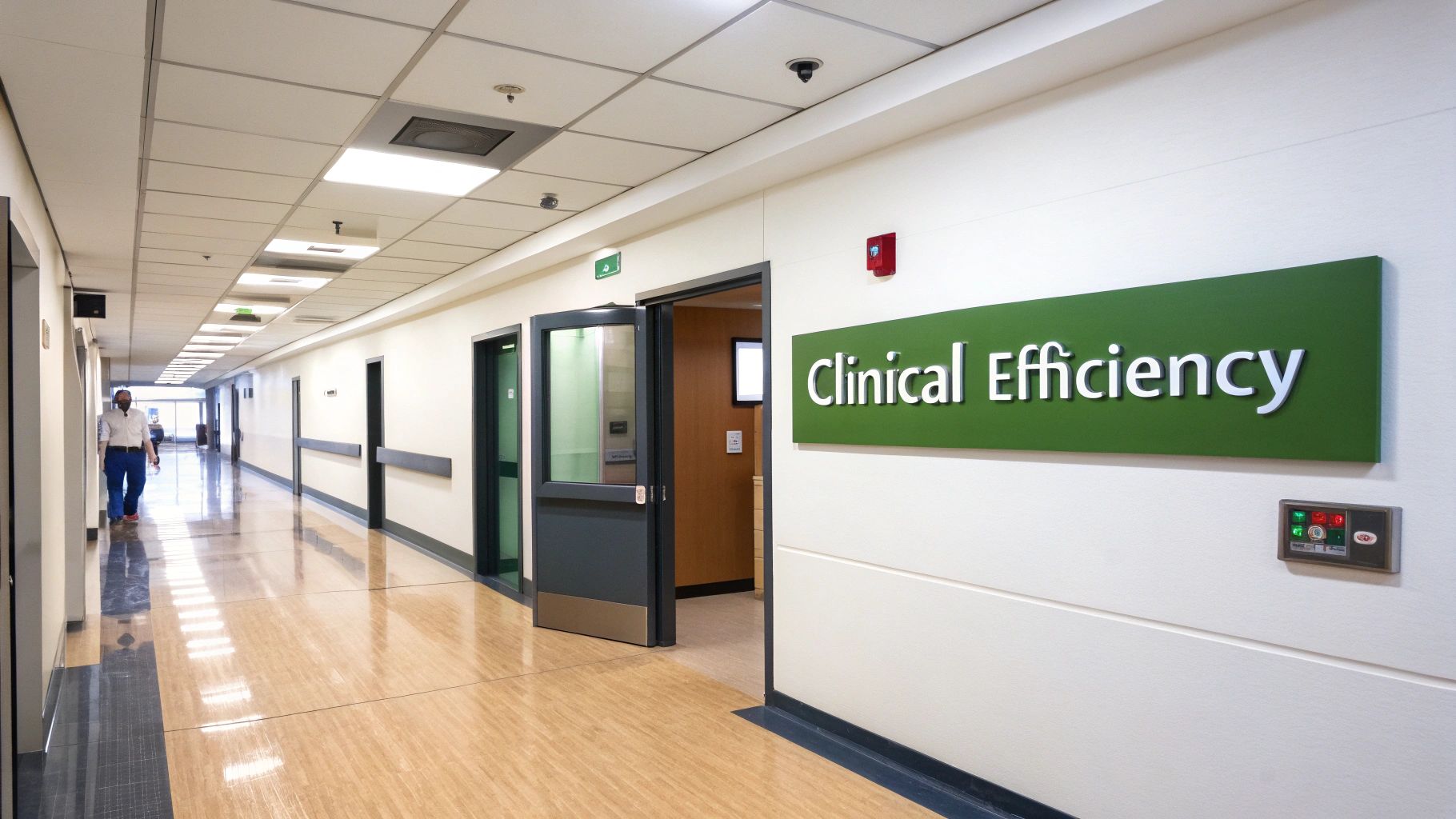 A brightly lit hospital hallway featuring a green 'Clinical Efficiency' sign and a person walking.