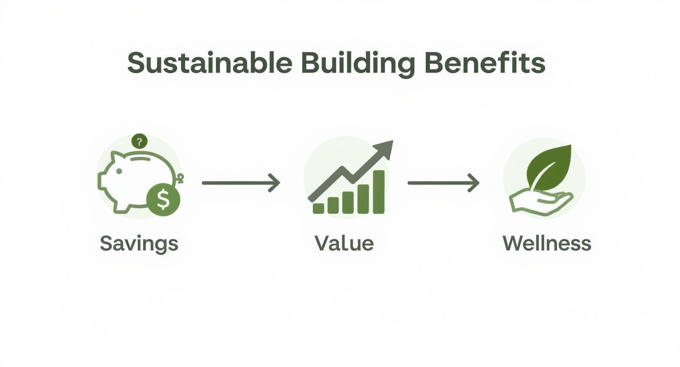 An infographic illustrating sustainable building benefits: savings, increased value, and improved wellness.