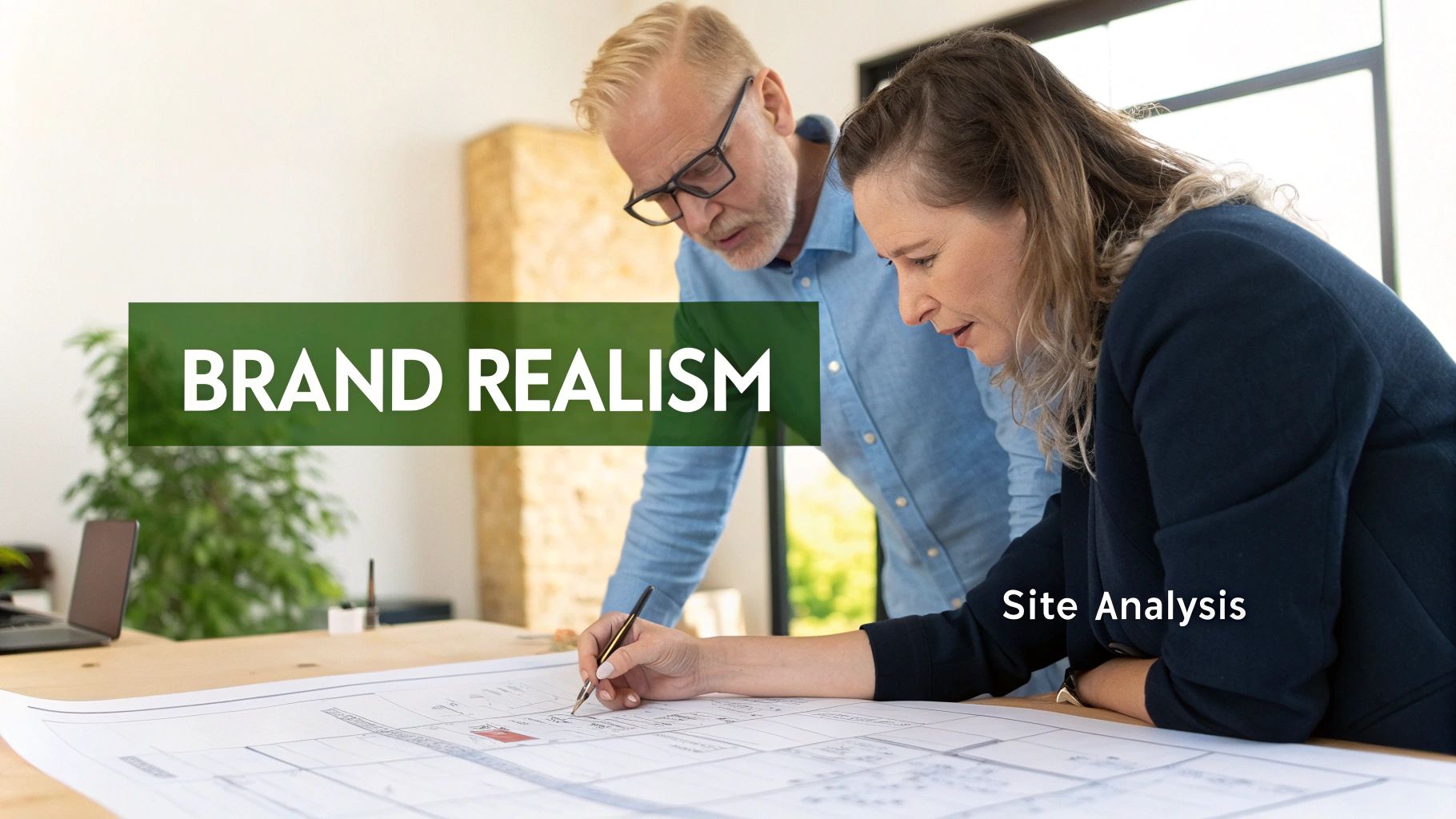 Two architects discuss blueprints on a desk, analyzing site plans in a modern office.