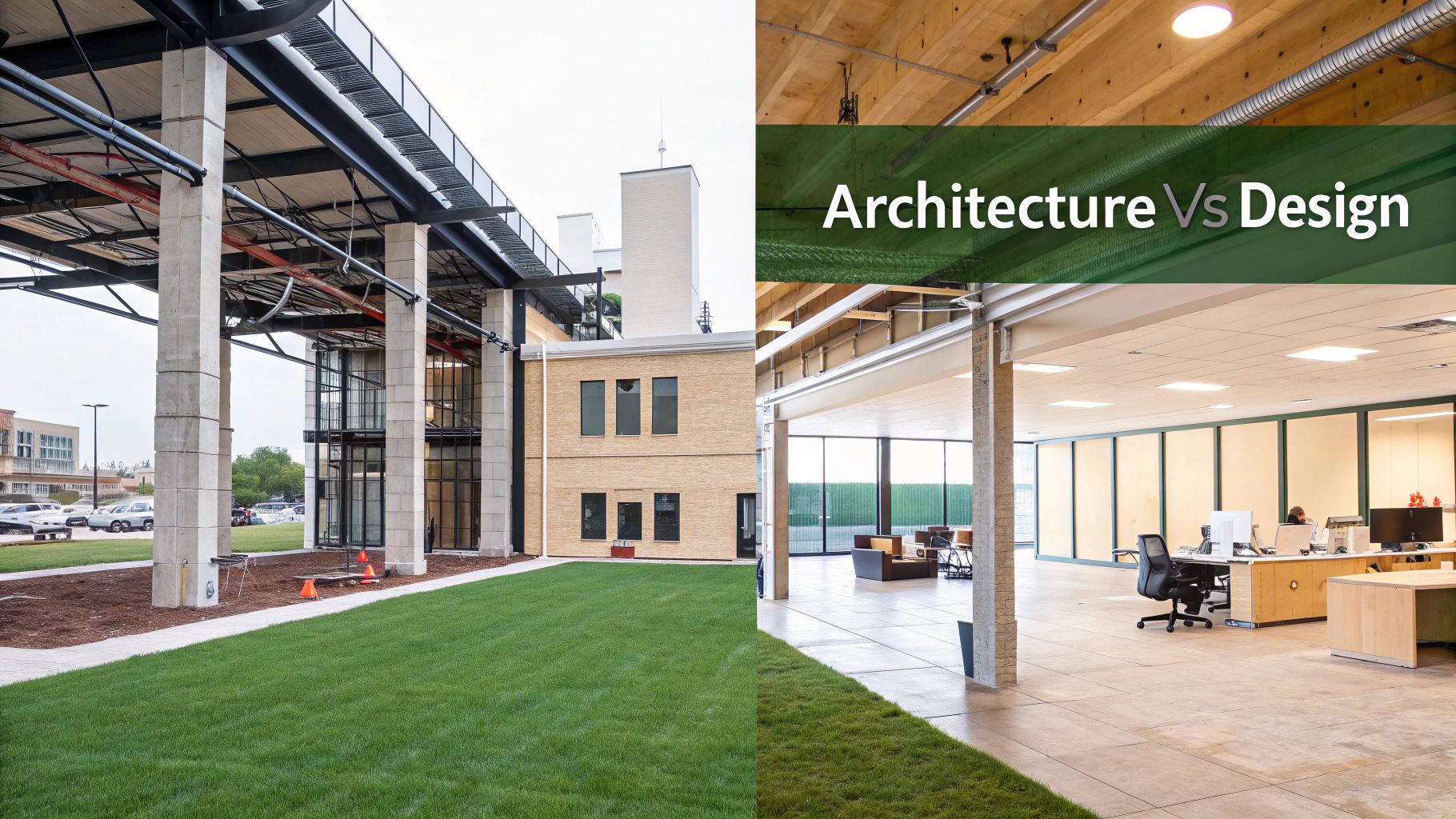 An expansive, modern commercial interior with high ceilings and structured lighting, showcasing both architectural form and designed decor.