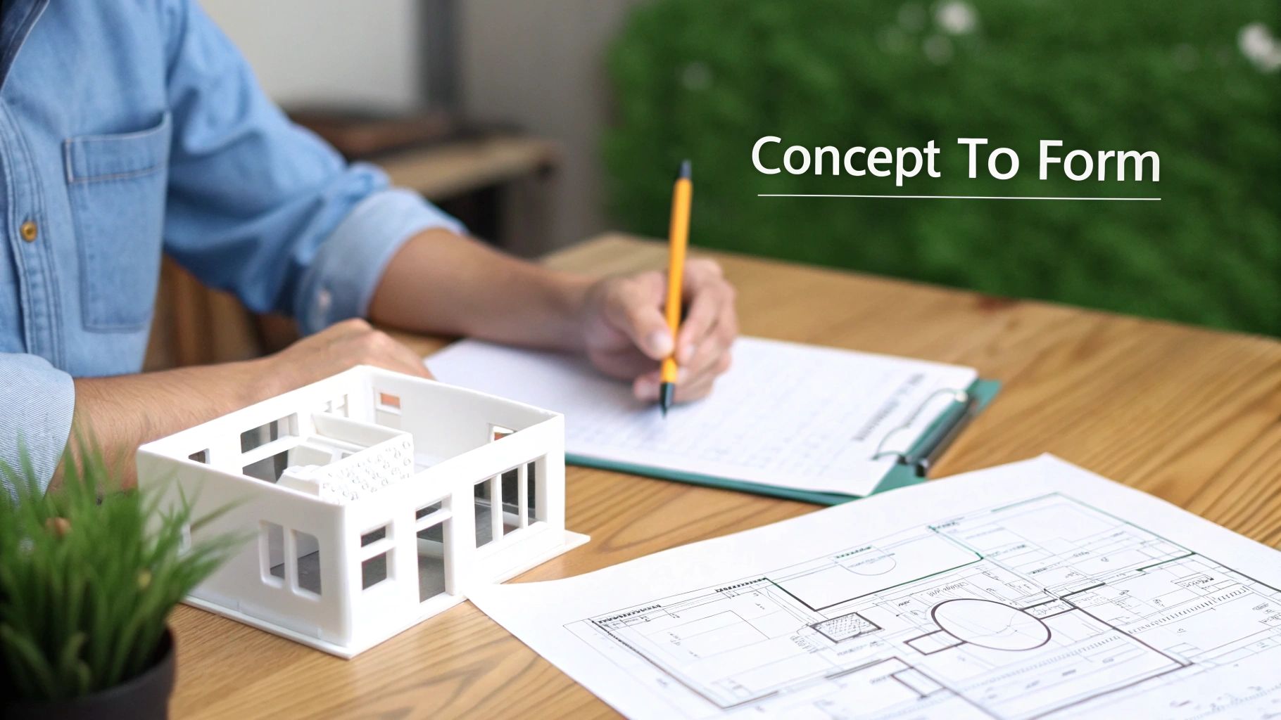 Architect drawing plans with pencil on paper beside house model and blueprints on wooden desk