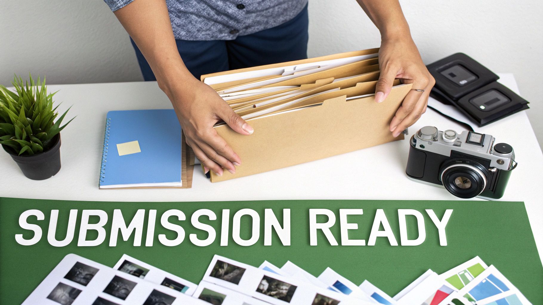Person organizing manila folders with documents preparing submission materials for grant application on white desk