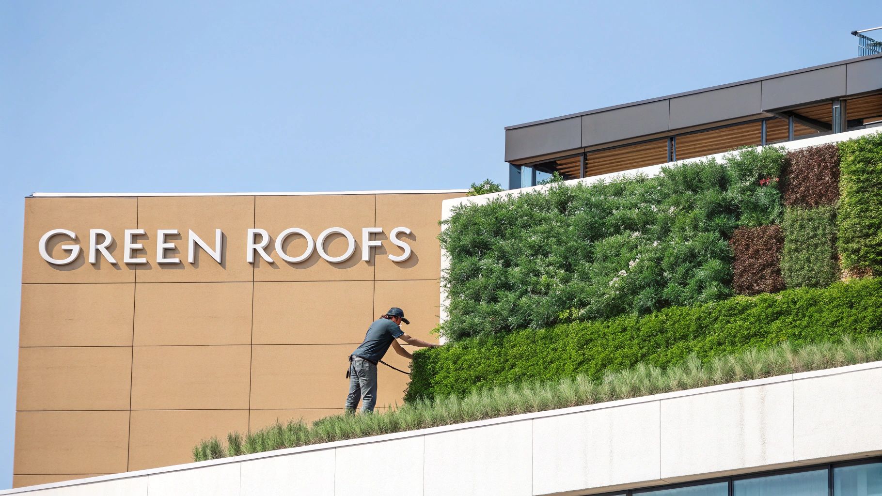 Worker maintaining vertical green roof garden with lush vegetation on modern sustainable building