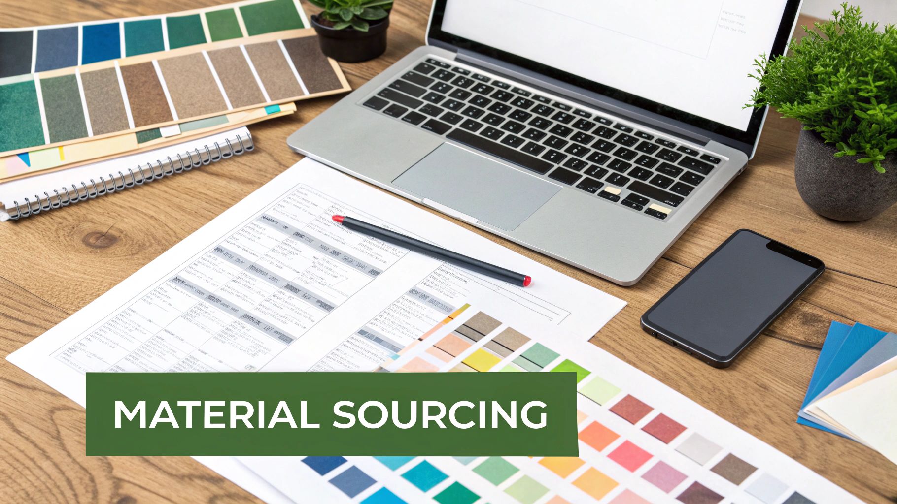 Overhead shot of a desk with color swatches, laptop, documents, and a smartphone, for material sourcing.