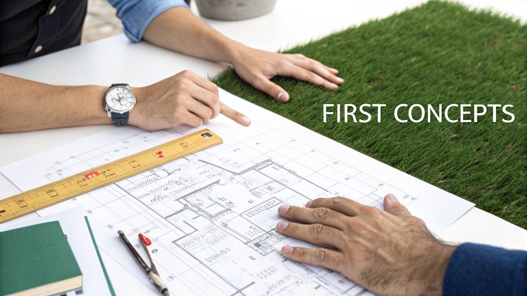 Two designers review architectural blueprints and tools on a table, with 'FIRST CONCEPTS' visible.