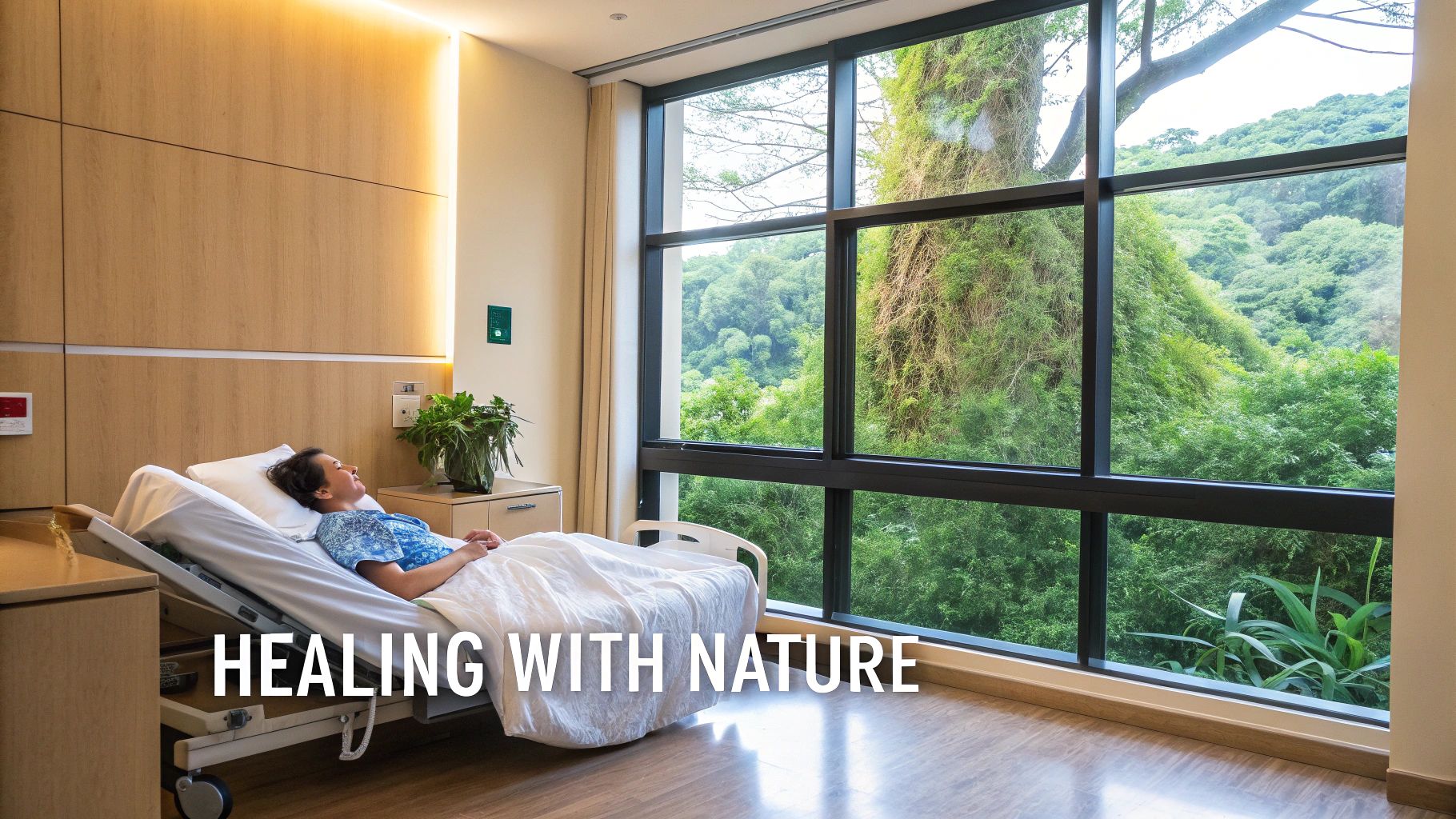 Hospital room with a patient in bed and a large window overlooking a vibrant green forest, promoting nature-based healing.