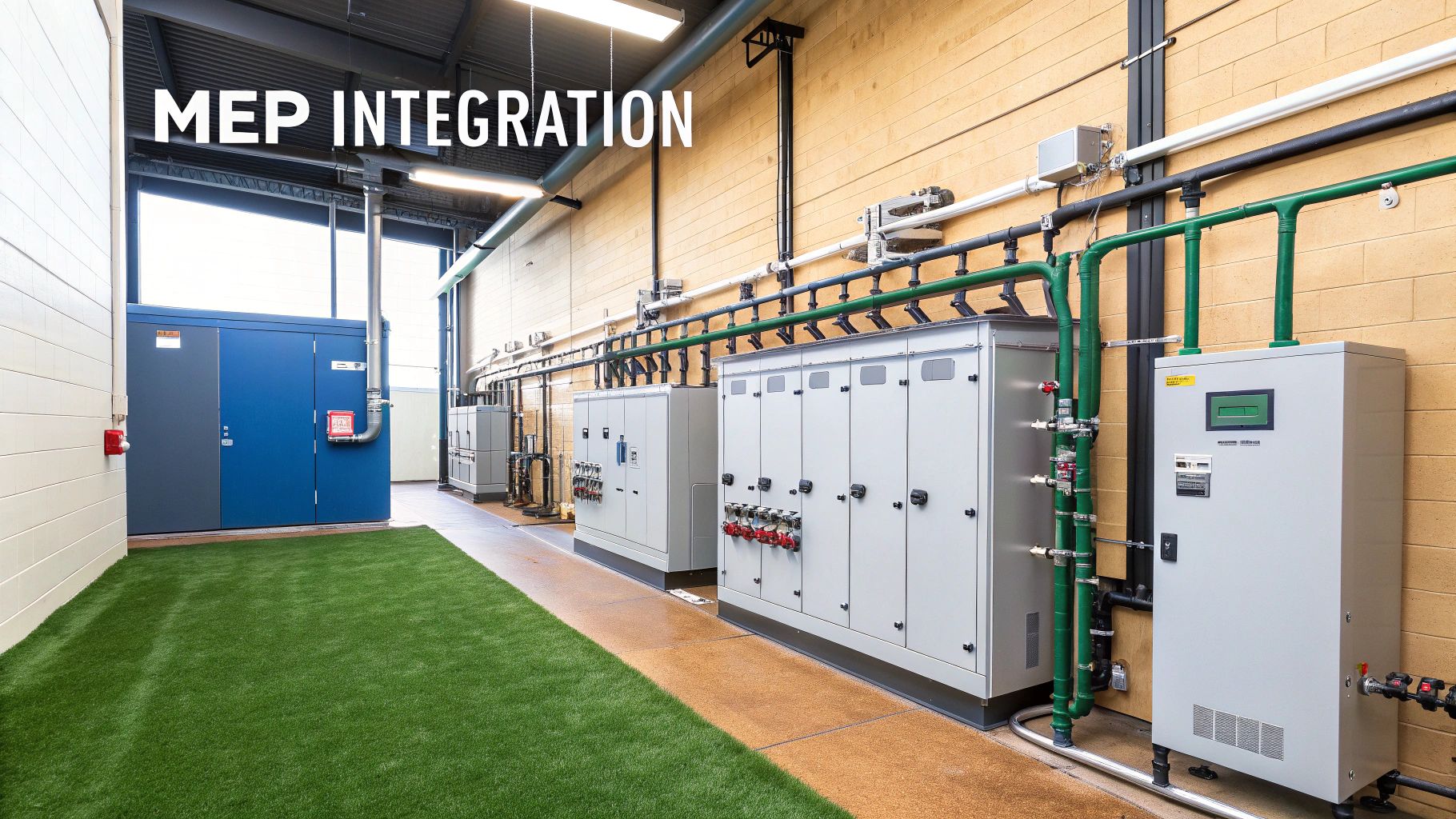 Interior of a modern facility showcasing integrated MEP systems with various industrial equipment.