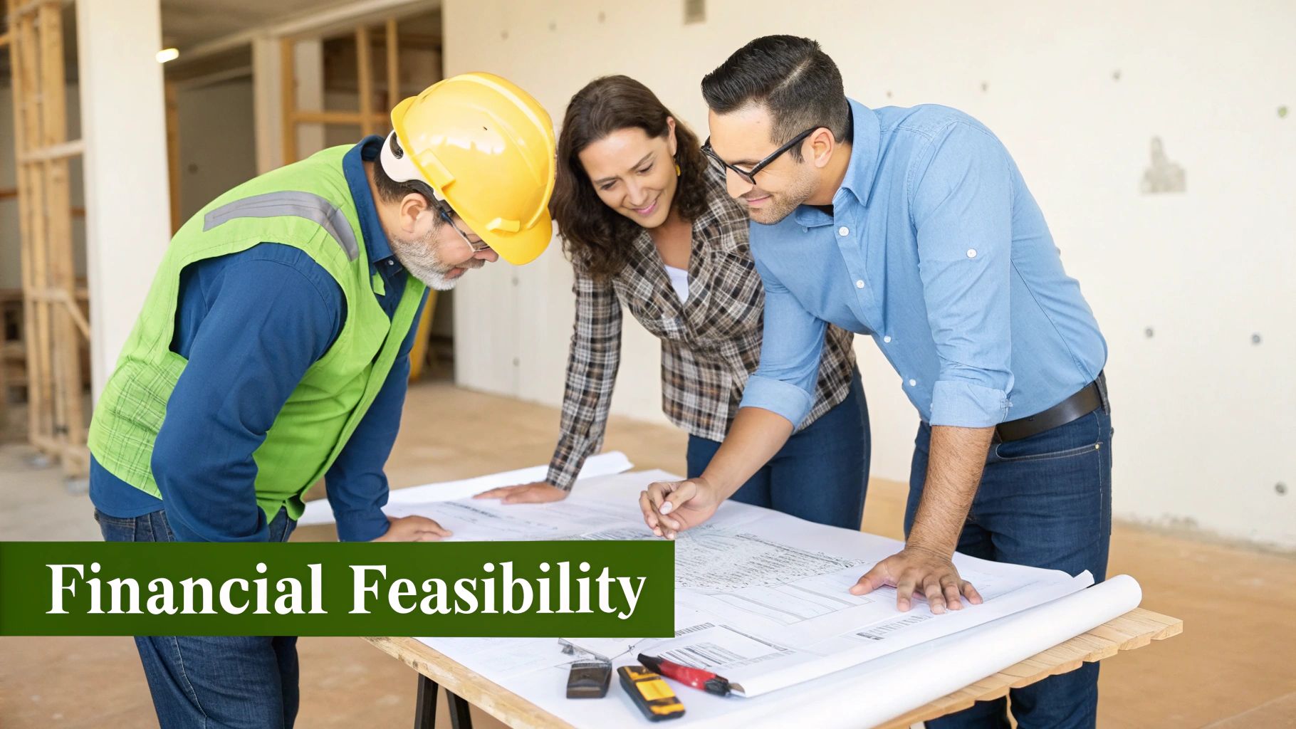 A diverse team of construction professionals reviewing blueprints on a job site, discussing financial feasibility.