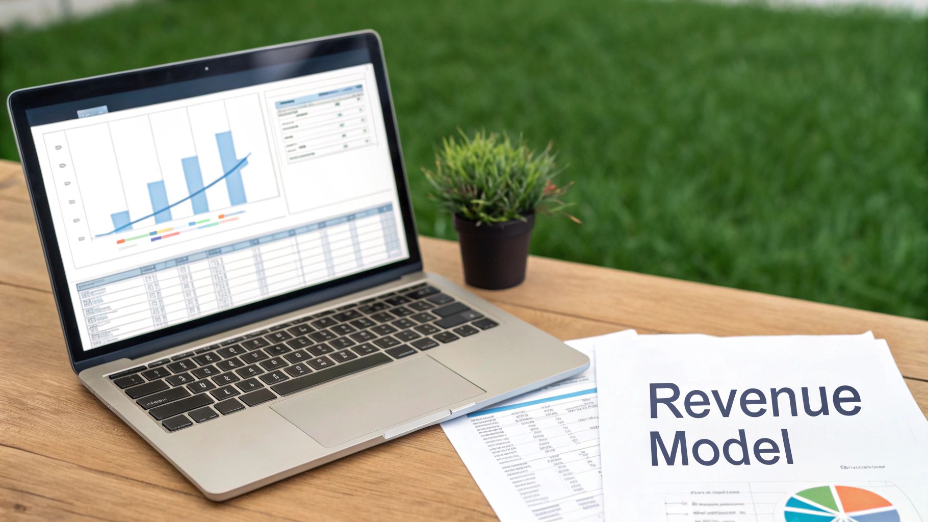 A laptop displaying financial charts and data, alongside a 'Revenue Model' document and a small plant.