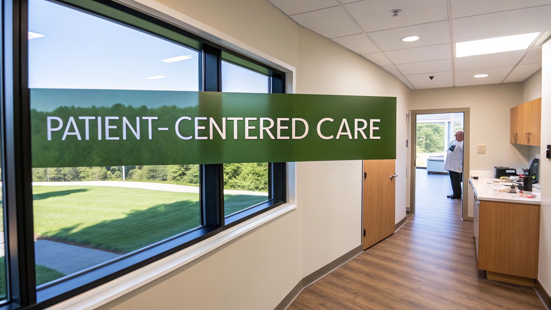Hospital hallway featuring a 'PATIENT-CENTERED CARE' sign on a window with a view of greenery.